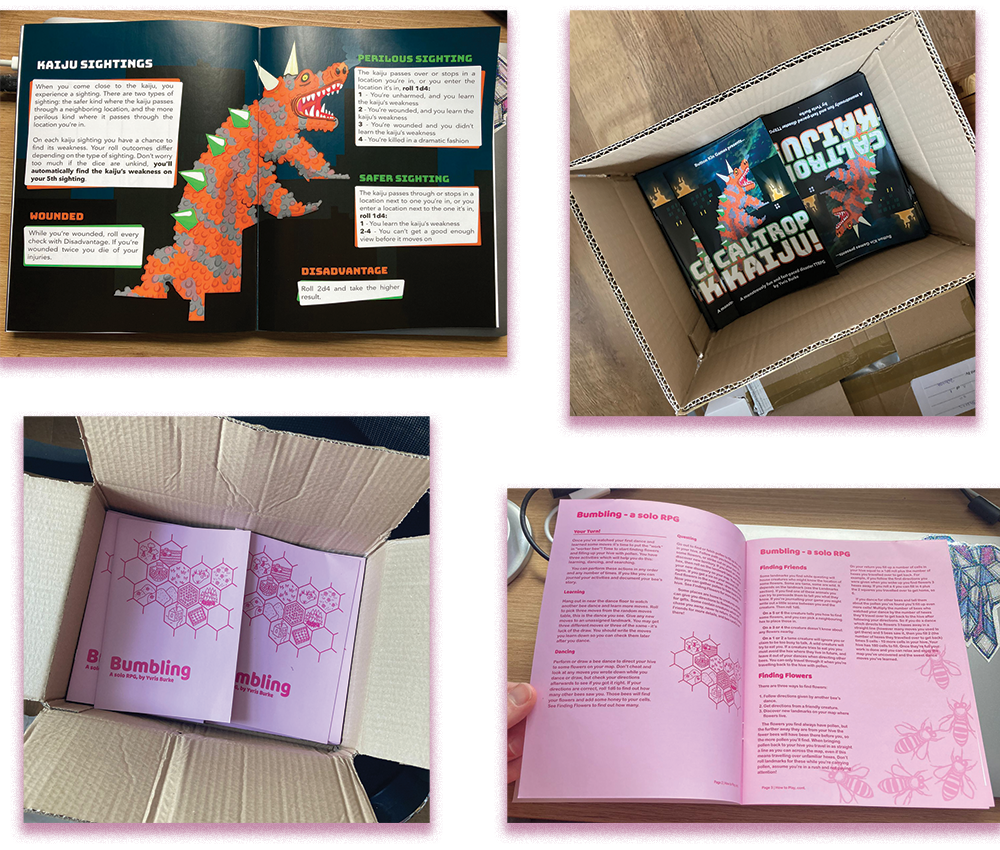 print copies of Bumbling and Caltrop Kaiju in boxes and spread to show contents