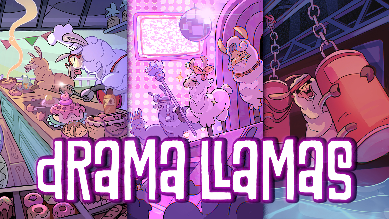 Drama Llamas title graphic showing llamas on a bake off style show, llamas on a drag race style show, and a ninja warrior llama