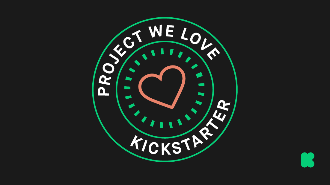 the kickstarter 'Project We Love' animated banner with a flashing red heart