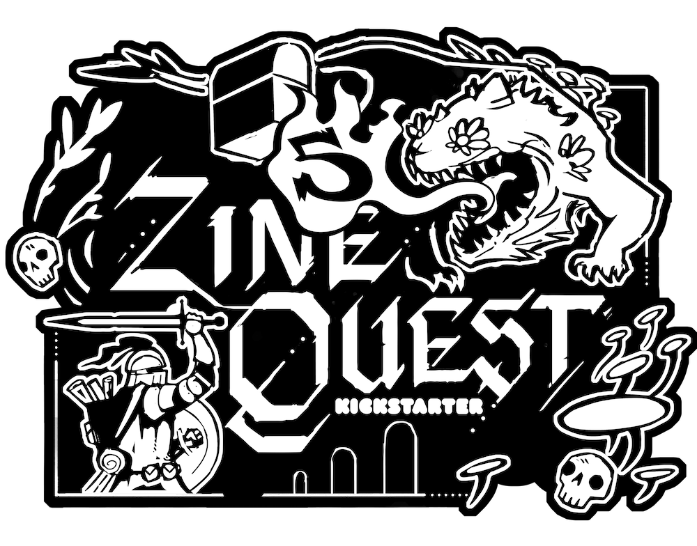 The zinequest 5 logo featuring a dragon and some mushrooms
