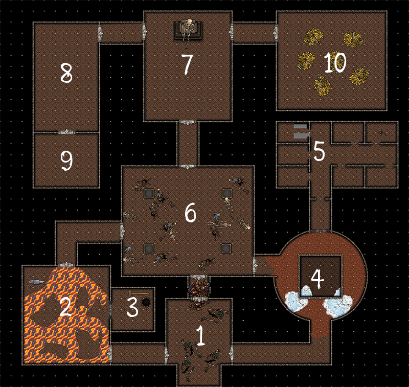 A small scale map of the lair with the rooms numbered. Click through to access a larger map for VTTs