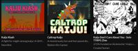three thumbnail images featuring large monsters attacking cities - the cover images for the games in the KaiJune bundle