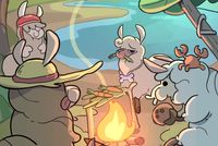llamas around a campfire on a tropical island, like they're competing on Survivor