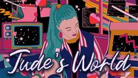 a colourful cartoon of a teenage girl looking down at her diary with text overlaid which says Jude's World